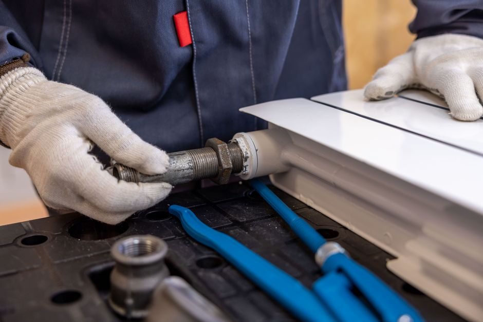 Plumber installing a pipe with specialized tools